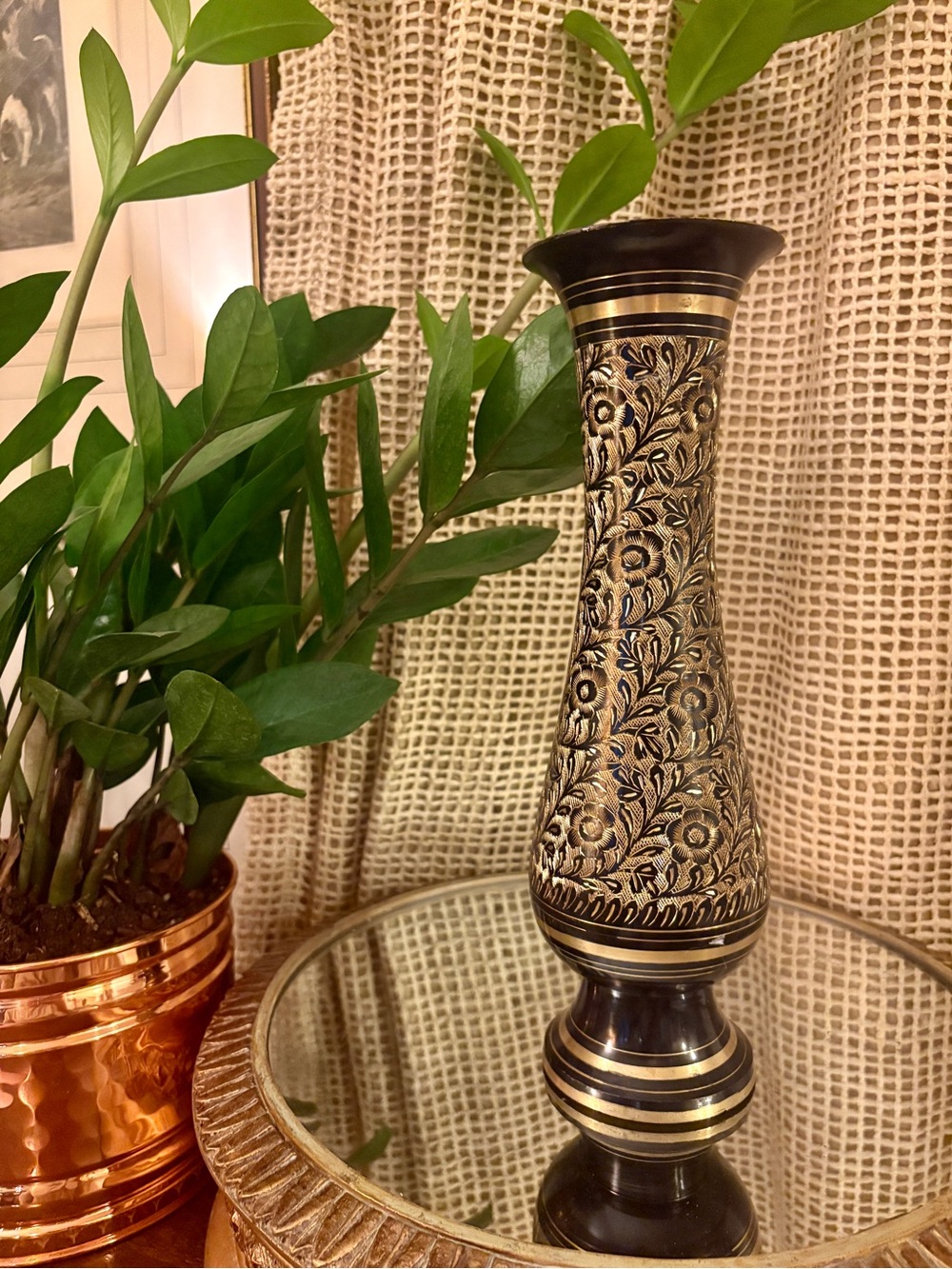 Vintage Etched Black and Gold Floral Vase